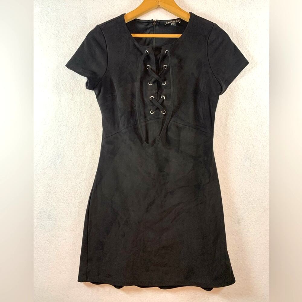 Express‎ Womens Y2K Lace Up Mini Dress Sz 4 Black Faux Suede Edgy Western Punk